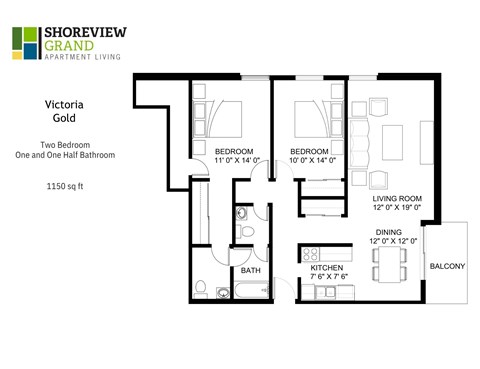 Floor plan for 2 beds, 2 baths, 1150 sqft